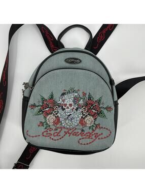 Ed Hardy Denim Bedazzled Backpack Purse